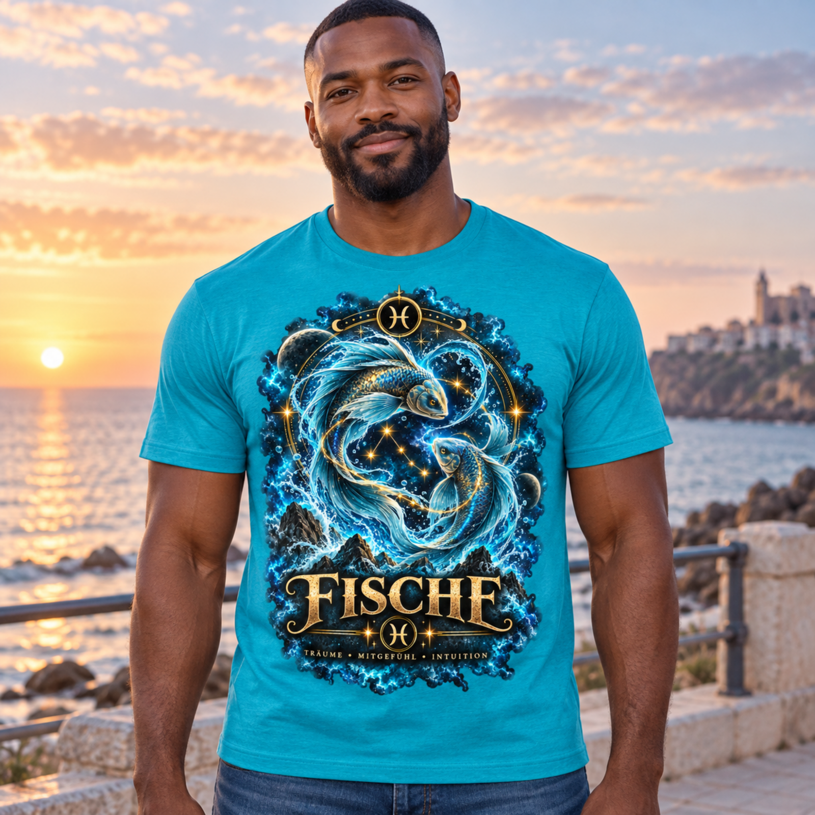 Mann trägt ein türkises T-Shirt mit leuchtendem Fische-Tierkreiszeichen-Motiv am Strand bei Sonnenuntergang, astrologie shirt im Vordergrund.