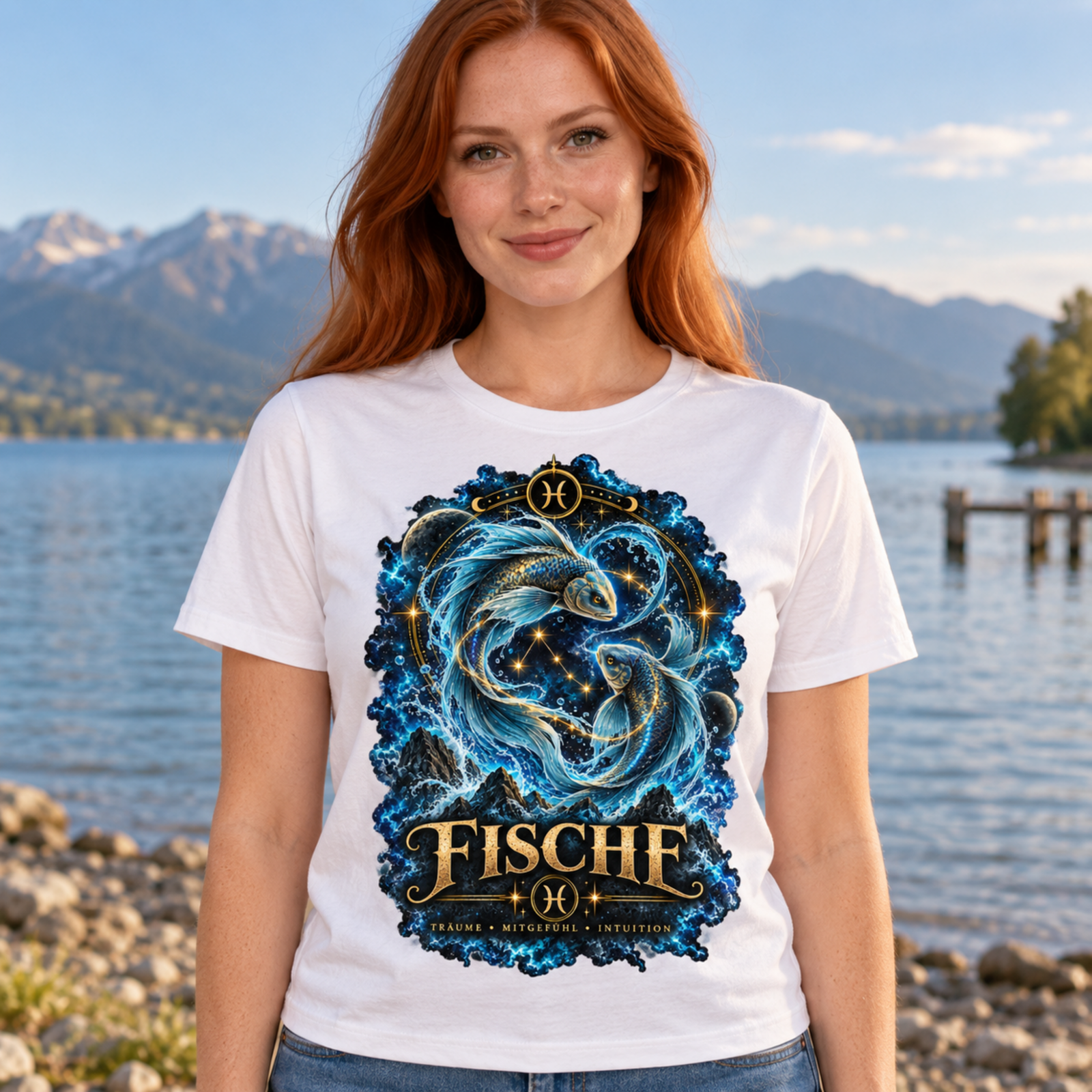 Frau trägt ein weißes Fische T-Shirt mit kosmischem Fischmotiv am Seeufer vor Bergen, Sternzeichen Fische als tragbares Statement-Shirt.