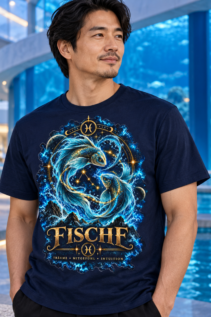 Mann trägt ein dunkelblaues T-Shirt mit Fische-Sternbild-Design in einer modernen Pool- und Innenarchitektur-Umgebung.