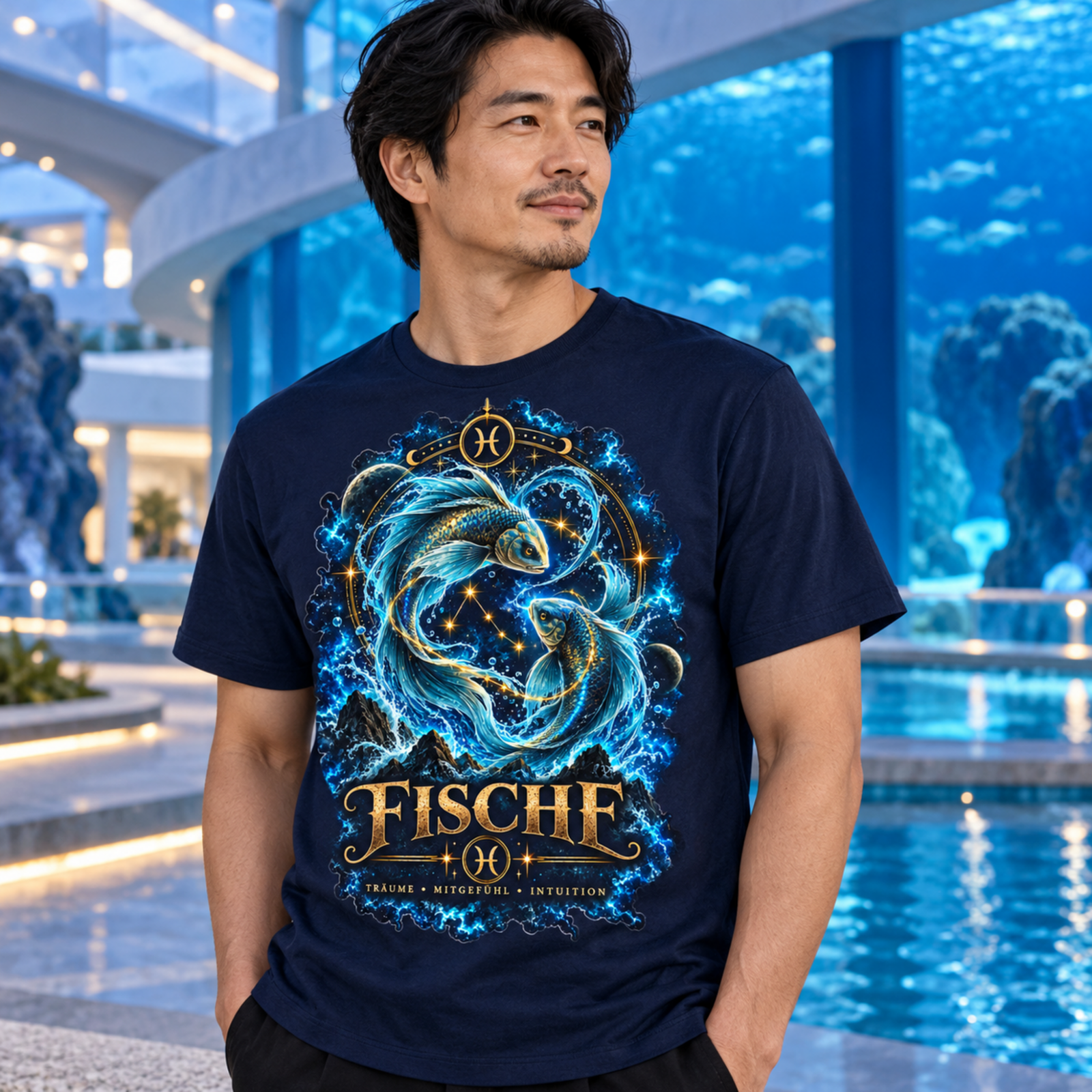 Mann trägt ein dunkelblaues T-Shirt mit Fische-Sternbild-Design in einer modernen Pool- und Innenarchitektur-Umgebung.