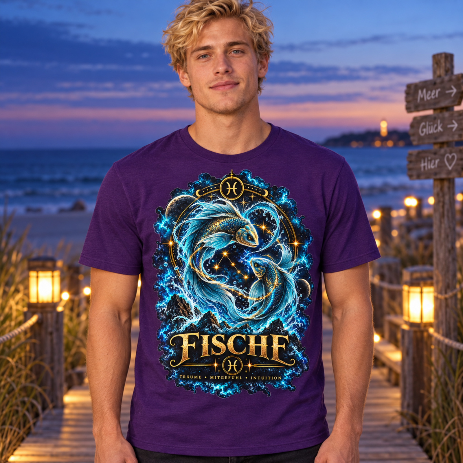 Mann trägt ein violettes T-Shirt mit Fische Geschenk-Motiv am Strand bei Dämmerung, dekorative Holzschilder im Hintergrund.