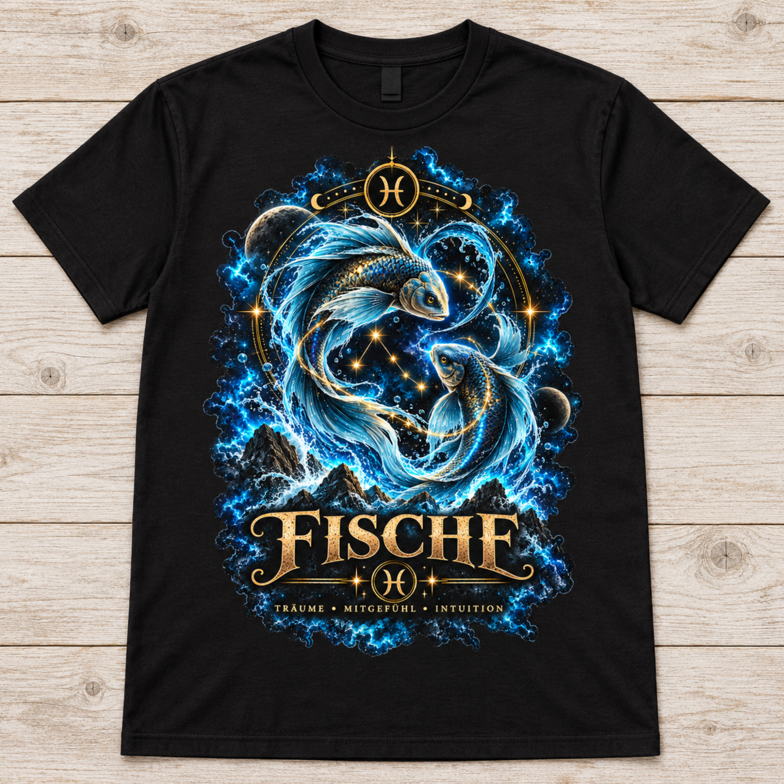 Schwarzes T-Shirt mit freigestelltem Fische-Motiv auf Holzuntergrund, detailreiche Frontansicht ohne Person.
