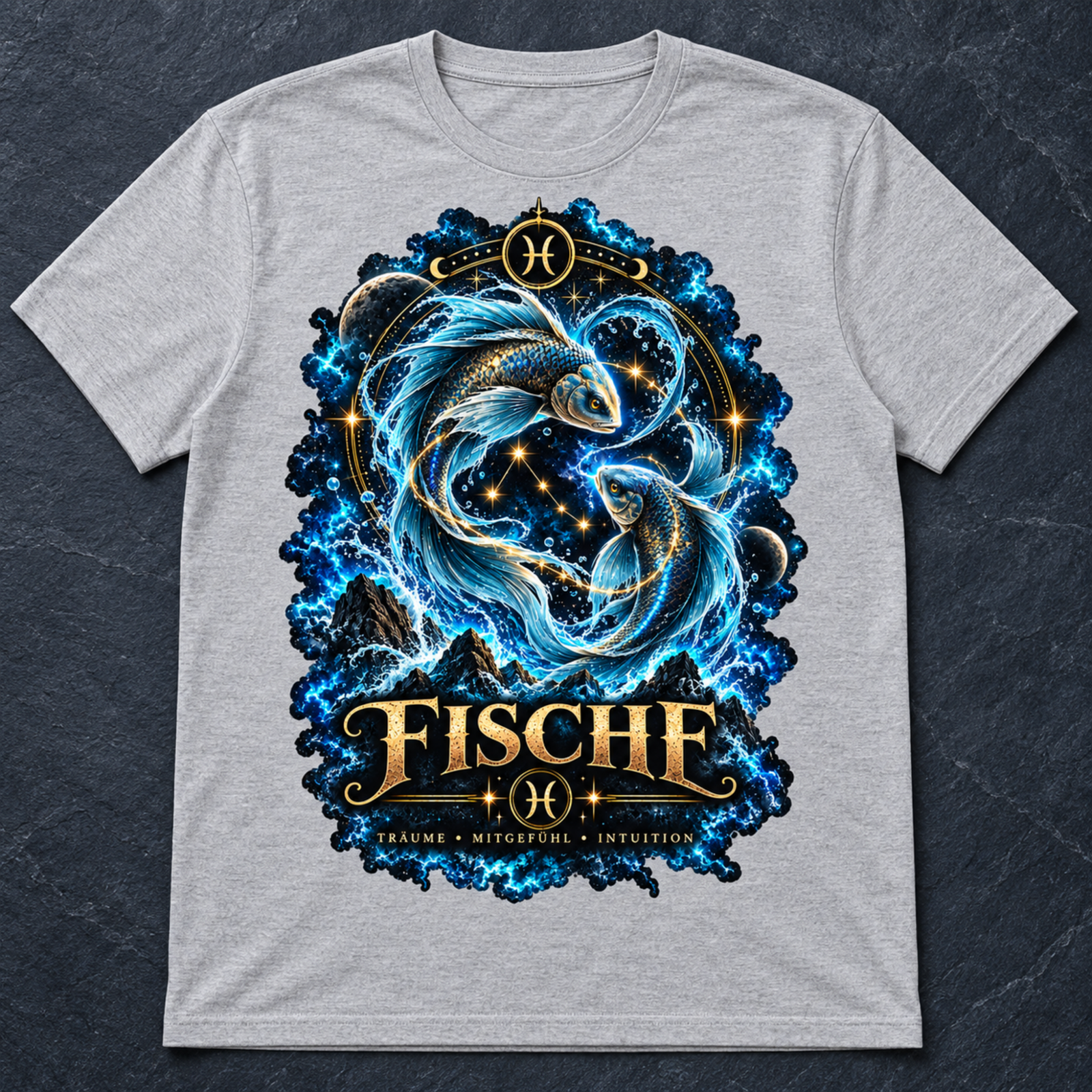 Hellgraues T-Shirt mit freigestelltem Fische-Design auf dunklem Steinuntergrund, klare Produktansicht ohne Modell.