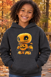 Kind mit dunkelgrauem Hoodie und gelbem Halloween-Roboter-Motiv, auf einer Holzbrücke im Herbst lächelnd