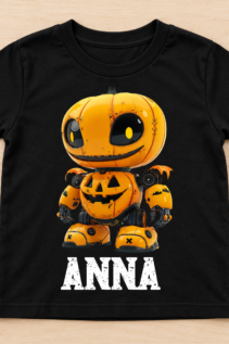 Schwarzes Kinder T-Shirt flach ausgelegt mit großem Jack-o-Lantern-Roboter und Name ANNA auf Holzuntergrund