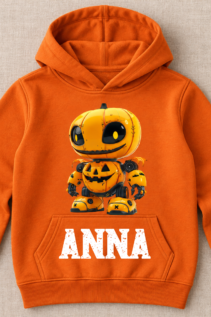 Orangefarbener Kinder-Hoodie flach ausgelegt mit Halloween-Roboter und Name ANNA auf Stoffhintergrund