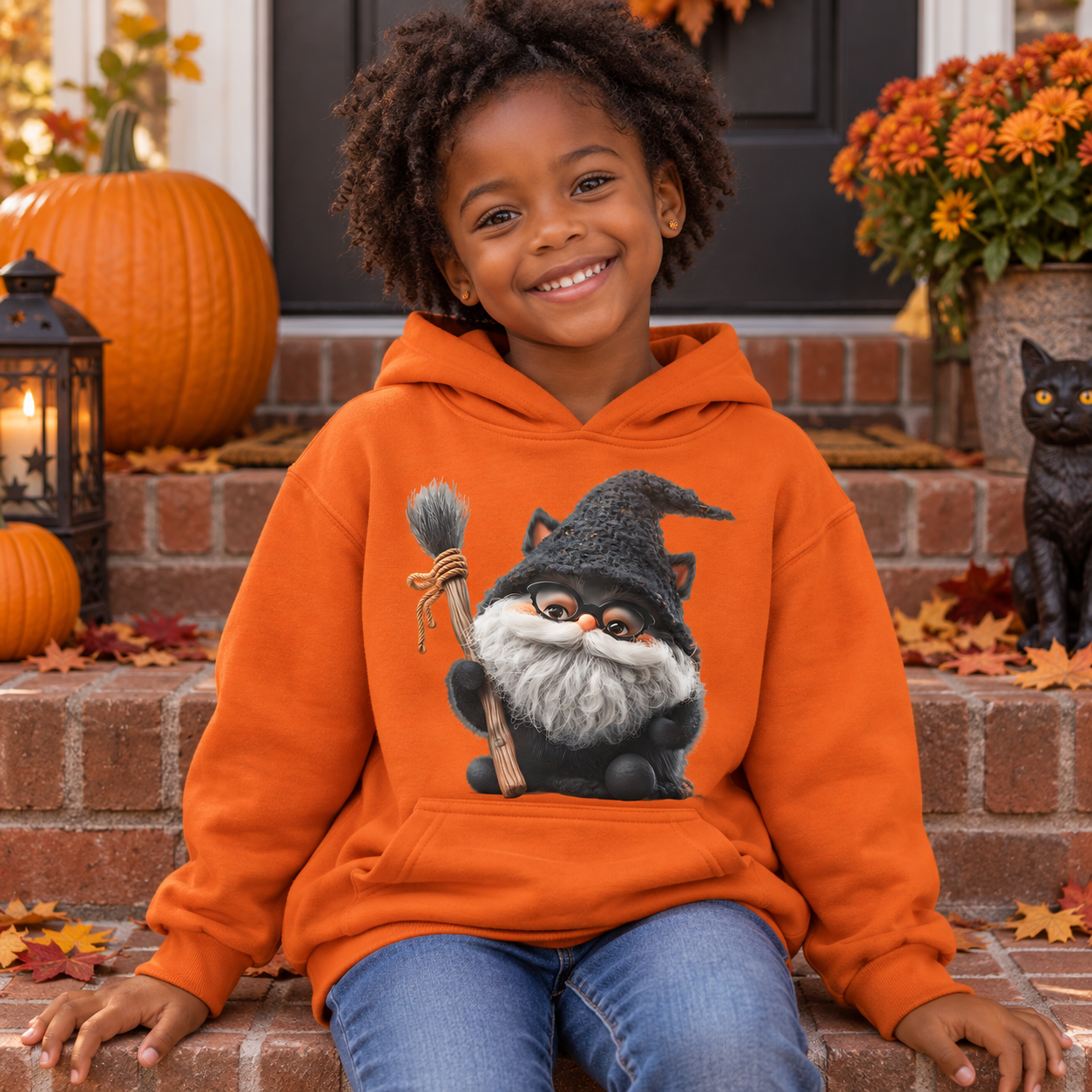 Kind in orangefarbenem Hoodie mit Hexenkatze-Motiv auf den Stufen vor einer herbstlich dekorierten Haustür, Kürbisse und schwarze Deko im Hintergrund