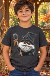 Junge in dunkelgrauem T-Shirt mit Hexenkatze-Motiv steht lächelnd in einer herbstlichen Deko-Szene mit Kürbissen und Heuballen