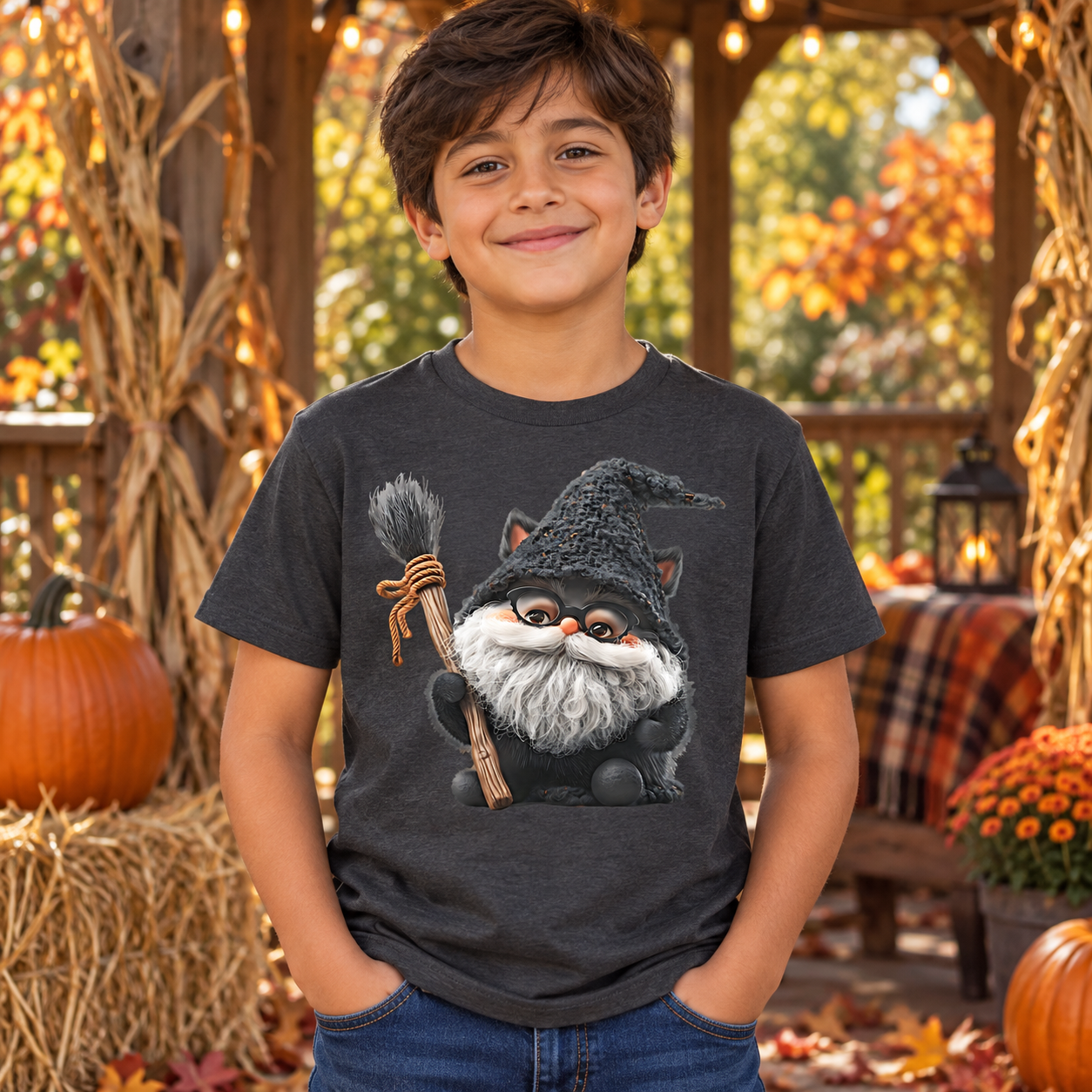 Junge in dunkelgrauem T-Shirt mit Hexenkatze-Motiv steht lächelnd in einer herbstlichen Deko-Szene mit Kürbissen und Heuballen