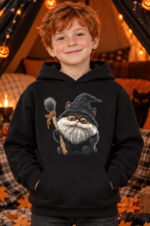 Junge in schwarzem Hoodie mit Hexenkatze-Motiv steht in einer Halloween-Kulisse mit leuchtenden Kürbissen und dunkler Zeltdekoration