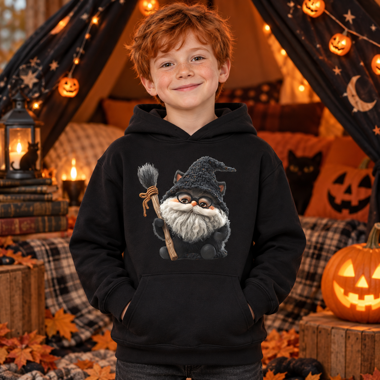 Junge in schwarzem Hoodie mit Hexenkatze-Motiv steht in einer Halloween-Kulisse mit leuchtenden Kürbissen und dunkler Zeltdekoration