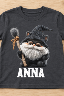 Dunkelgraues Kinder-T-Shirt mit Hexenkatze-Motiv und dem Namen ANNA liegt flach auf hellem Holzhintergrund