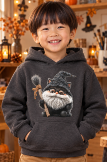 Kind in dunkelgrauem Hoodie mit Hexenkatze-Motiv steht lächelnd in einer gemütlichen Halloween-Bastelwerkstatt mit Kürbissen und warmem Licht