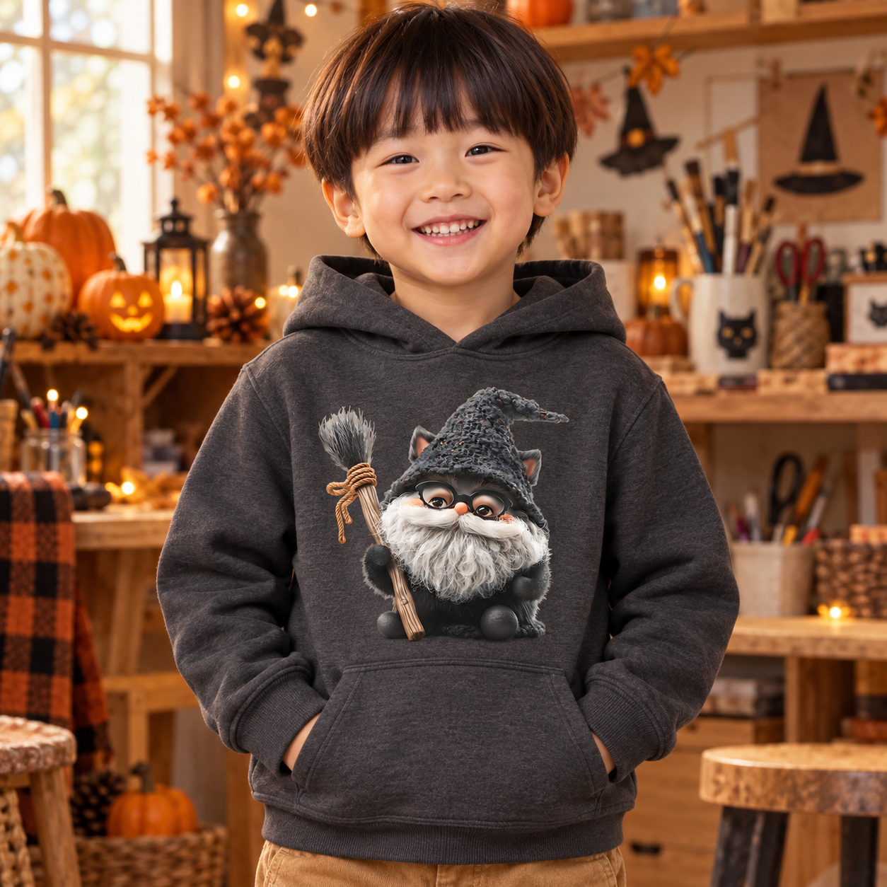 Kind in dunkelgrauem Hoodie mit Hexenkatze-Motiv steht lächelnd in einer gemütlichen Halloween-Bastelwerkstatt mit Kürbissen und warmem Licht