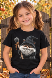Mädchen in schwarzem Kinder-T-Shirt mit Hexenkatze-Motiv steht vor einem herbstlichen Gartenzaun mit Kürbissen und buntem Laub