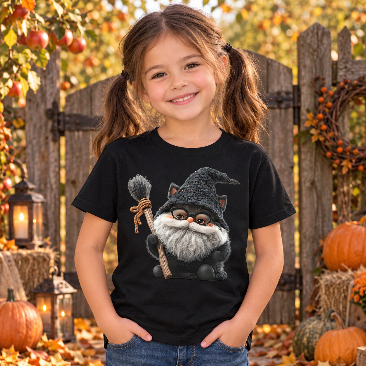 Mädchen in schwarzem Kinder-T-Shirt mit Hexenkatze-Motiv steht vor einem herbstlichen Gartenzaun mit Kürbissen und buntem Laub