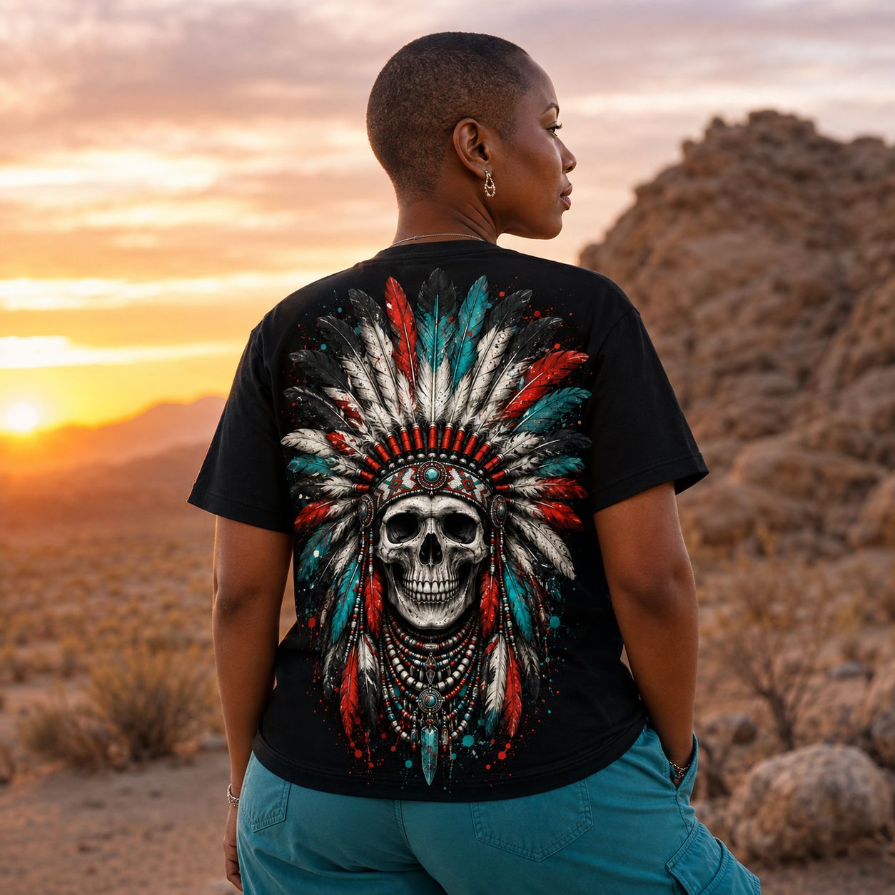 Schwarzes T-Shirt mit großem Indianer Totenkopf-Motiv auf dem Rücken, getragen von einer Frau in der Wüste bei Sonnenuntergang.