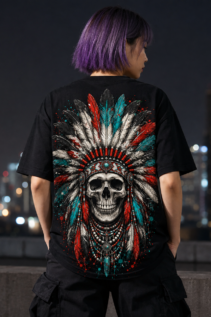 Schwarzes T-Shirt mit Indianer Totenkopf, getragen von einer Person mit violettem Haar als Rückenansicht bei Nacht in der Stadt.