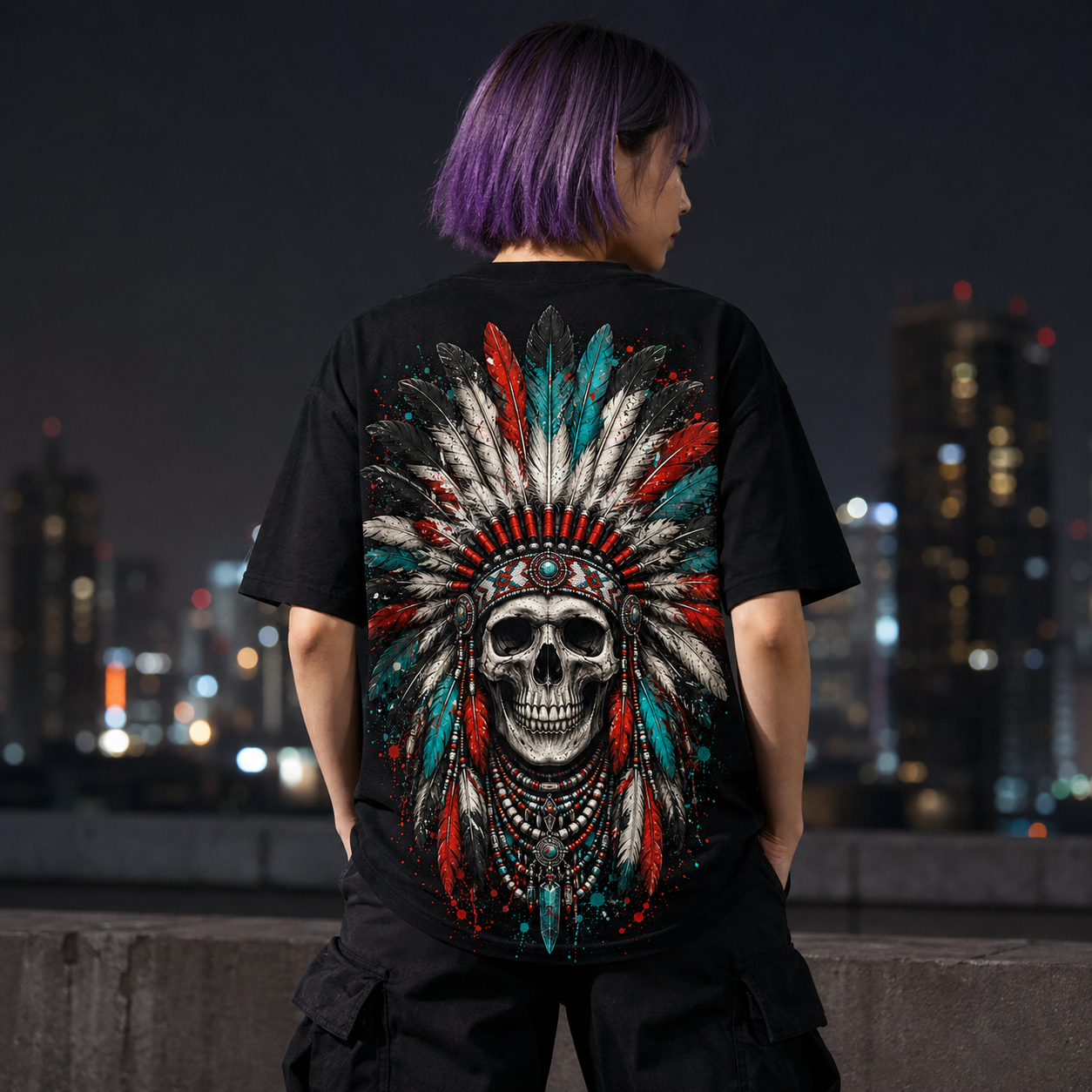 Schwarzes T-Shirt mit Indianer Totenkopf, getragen von einer Person mit violettem Haar als Rückenansicht bei Nacht in der Stadt.