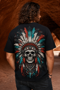 Schwarzes T-Shirt mit Indianer Totenkopf auf dem Rücken, getragen von einem Mann in einer Felsbogen-Landschaft.