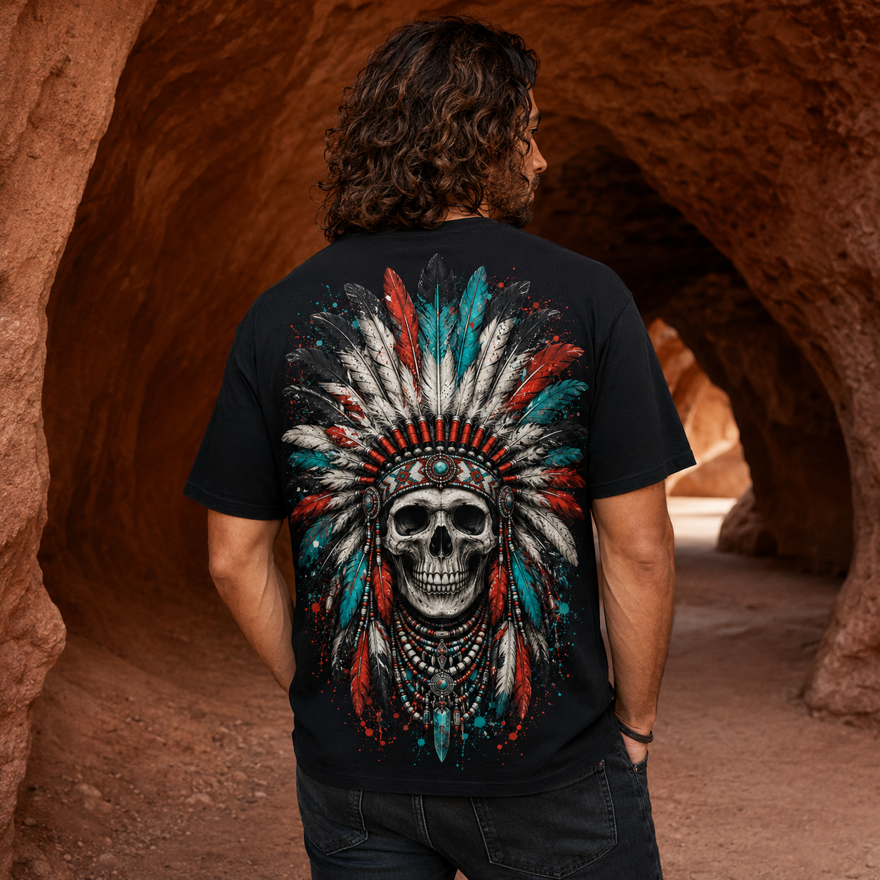 Schwarzes T-Shirt mit Indianer Totenkopf auf dem Rücken, getragen von einem Mann in einer Felsbogen-Landschaft.