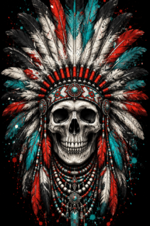 Freigestelltes Motiv eines Indianer Totenkopfes mit Federkopfschmuck auf schwarzem Hintergrund, ohne Träger oder Produktumfeld.