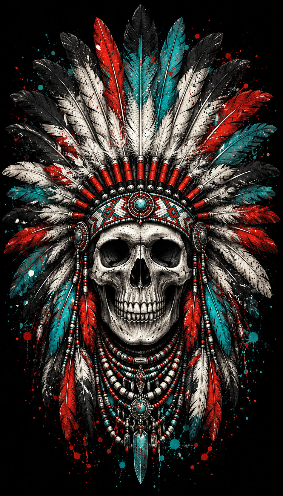 Freigestelltes Motiv eines Indianer Totenkopfes mit Federkopfschmuck auf schwarzem Hintergrund, ohne Träger oder Produktumfeld.