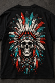 Flach liegendes schwarzes T-Shirt mit großem Indianer Totenkopf-Motiv auf der Rückseite, umgeben von dezenten Accessoires auf dunklem Untergrund.