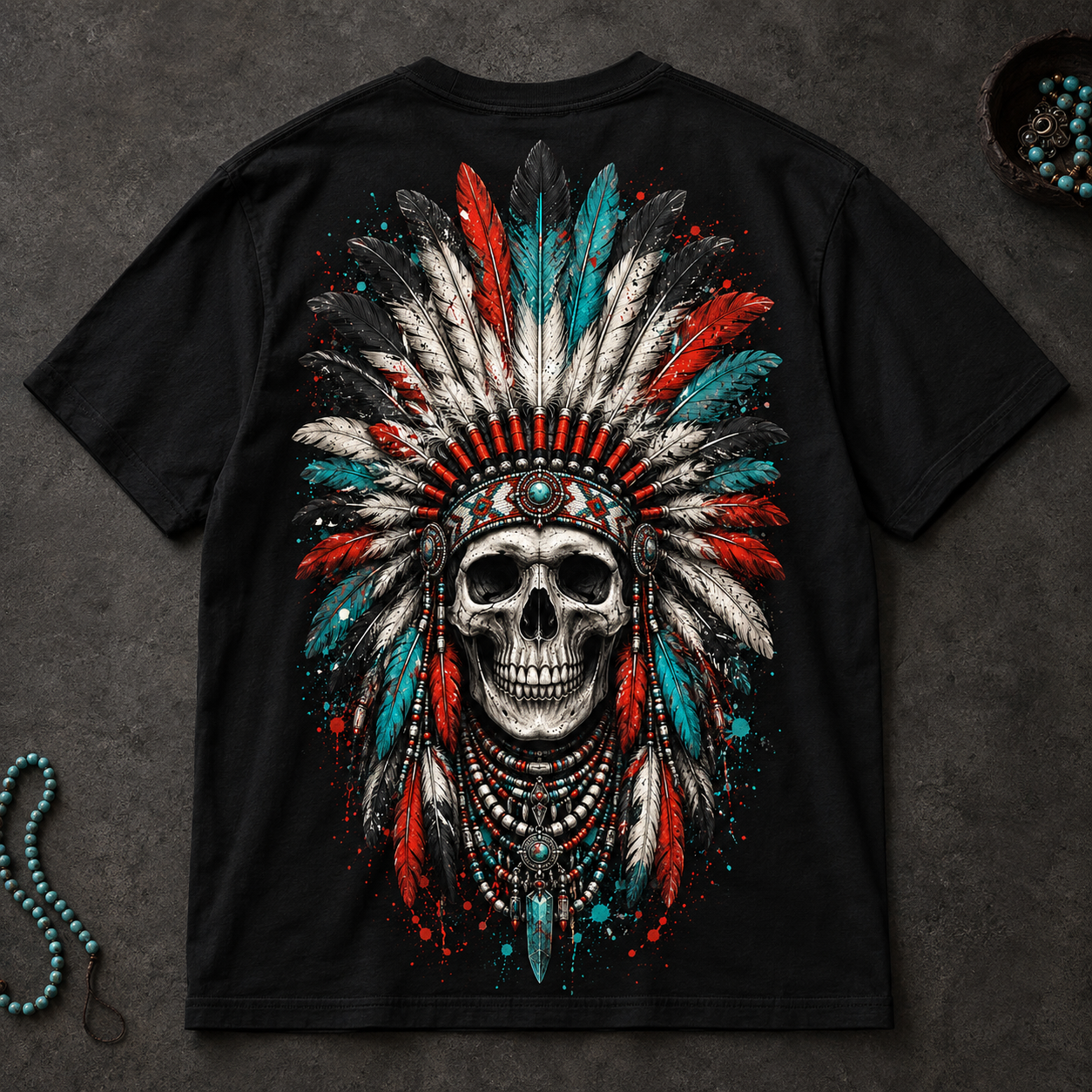 Flach liegendes schwarzes T-Shirt mit großem Indianer Totenkopf-Motiv auf der Rückseite, umgeben von dezenten Accessoires auf dunklem Untergrund.