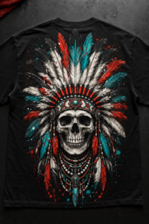 Schwarzes T-Shirt mit Indianer Totenkopf-Motiv, flach auf dunklem Hintergrund präsentiert mit sichtbaren Ärmeln und sauberem Rückenprint.
