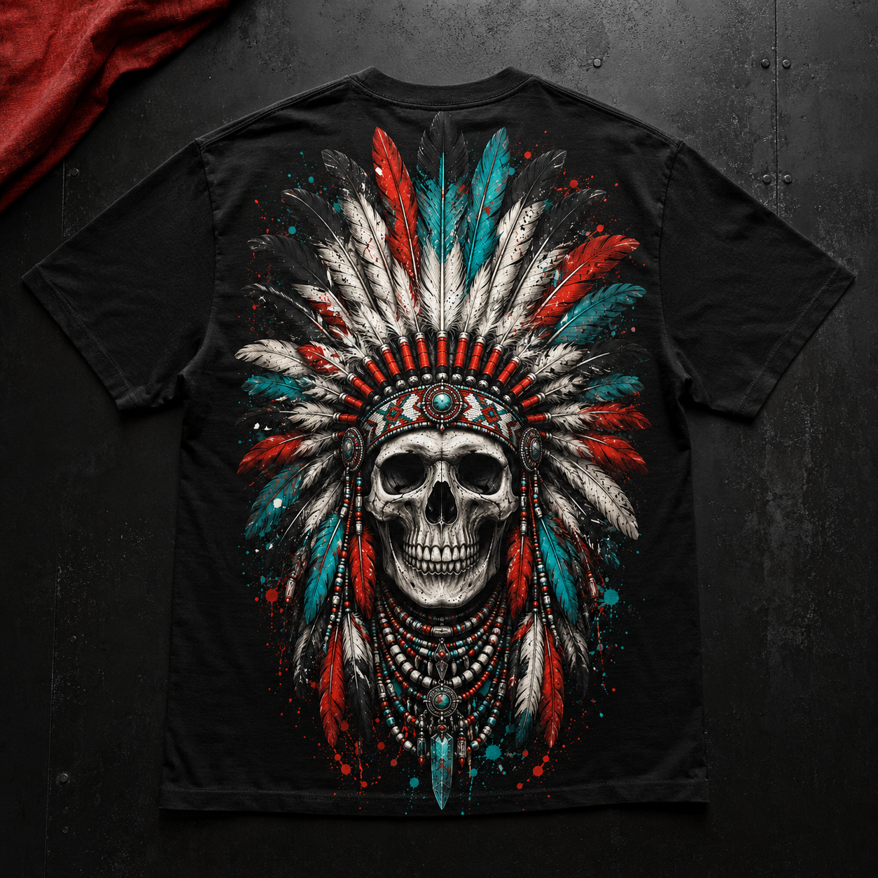 Schwarzes T-Shirt mit Indianer Totenkopf-Motiv, flach auf dunklem Hintergrund präsentiert mit sichtbaren Ärmeln und sauberem Rückenprint.
