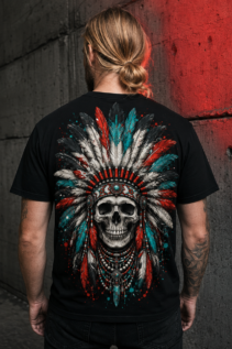 Schwarzes T-Shirt mit Indianer Totenkopf auf dem Rücken, getragen von einer Person mit blondem Haar vor einer Betonwand mit rotem Lichtakzent.