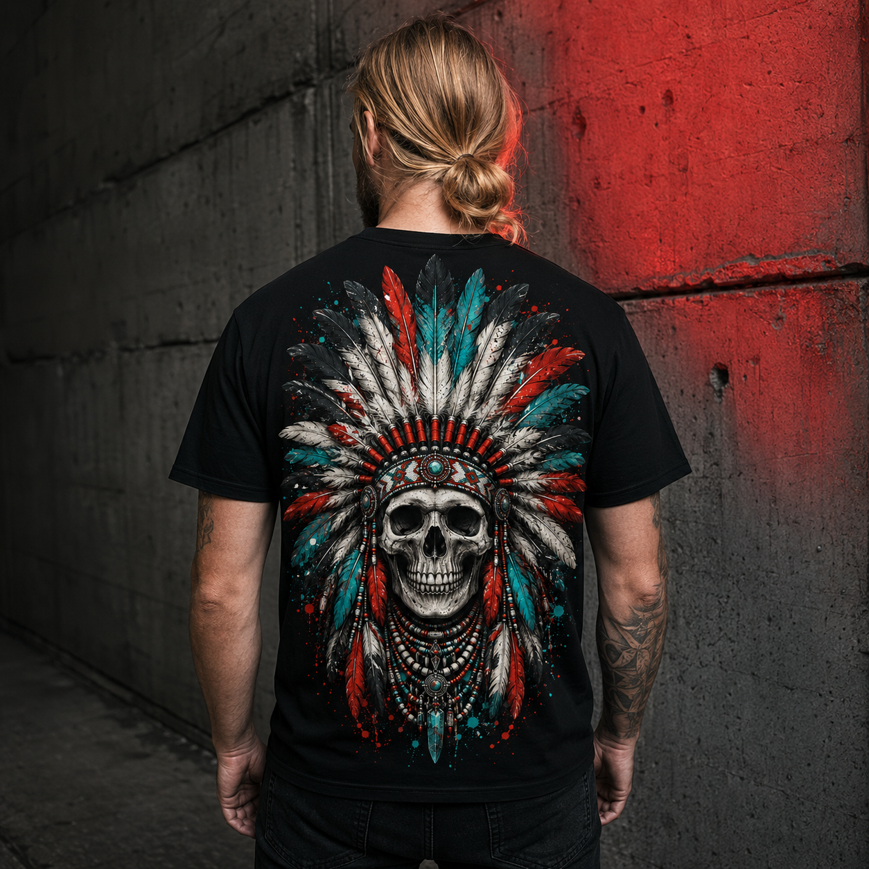 Schwarzes T-Shirt mit Indianer Totenkopf auf dem Rücken, getragen von einer Person mit blondem Haar vor einer Betonwand mit rotem Lichtakzent.