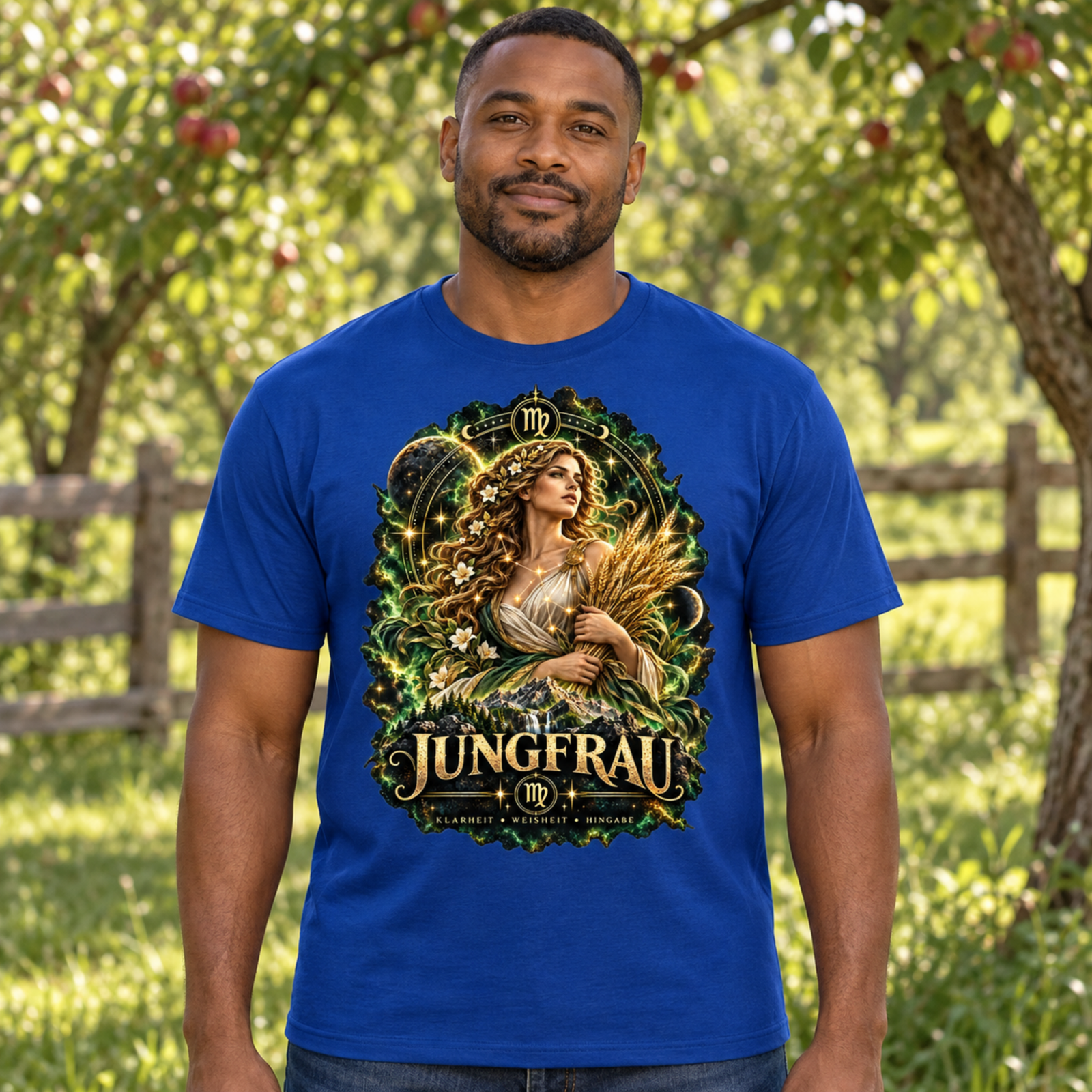 Mann trägt ein königsblaues Jungfrau T-Shirt im sonnigen Obstgarten, das gold-grüne Motiv mit Schriftzug ist mittig auf der Brust platziert.