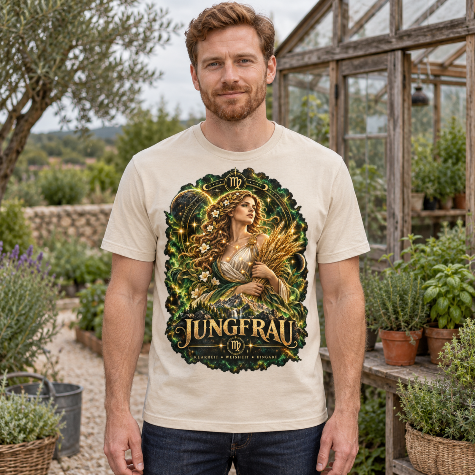 Mann trägt ein hellbeiges T-Shirt mit Jungfrau T-Shirt-Motiv vor Gewächshaus und Pflanzen, der goldene Druck steht kontrastreich auf der Brust.
