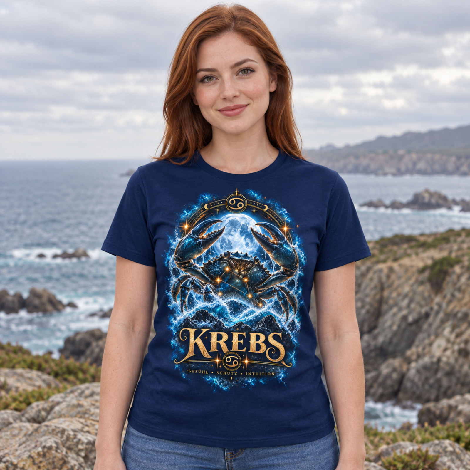 Frauenmodell trägt ein navyblaues T-Shirt mit Krebs-Motiv im Freien am Meer, frontale Ansicht vor felsiger Küste.
