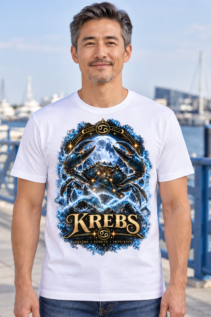 Männermodell trägt ein weißes T-Shirt mit Krebs-Motiv am Yachthafen, frontale Ansicht bei sonnigem Wetter.