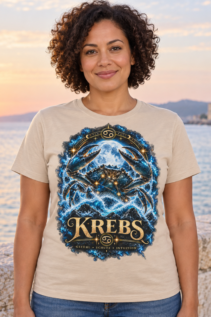 Frauenmodell trägt ein beiges T-Shirt mit Krebs-Motiv bei Sonnenuntergang am Meer, frontale Ansicht.