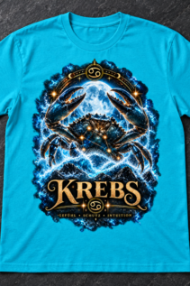 Flach liegendes türkisfarbenes T-Shirt mit großem Krebs-Motiv auf dunklem Steinuntergrund, keine Person sichtbar.