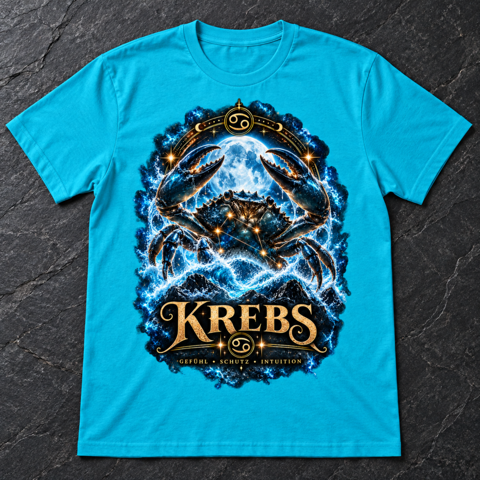 Flach liegendes türkisfarbenes T-Shirt mit großem Krebs-Motiv auf dunklem Steinuntergrund, keine Person sichtbar.