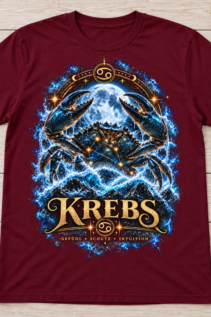 Flach liegendes bordeauxfarbenes T-Shirt mit Krebs-Motiv auf hellem Holzuntergrund, keine Person sichtbar.