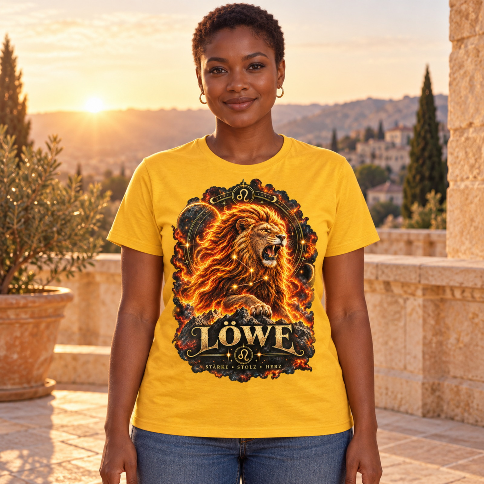 Frau trägt gelbes T-Shirt mit großem Löwenmotiv und Sternzeichen-Löwe-Design im Freien bei Sonnenuntergang, lässige Frontansicht