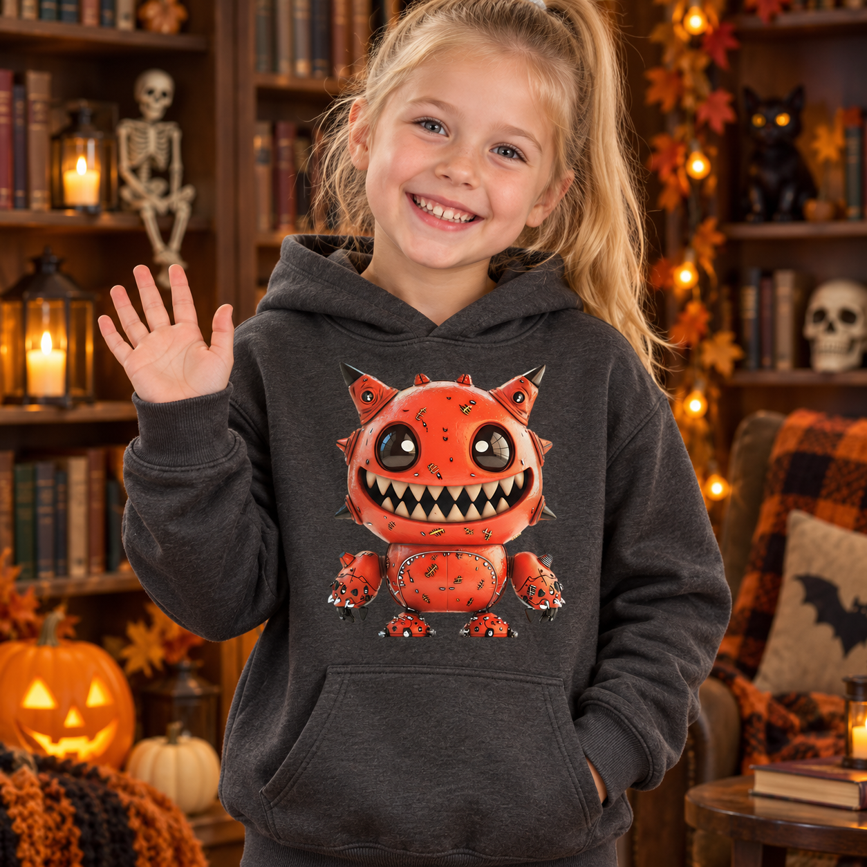 Blondes Kind trägt ein dunkelgraues Monster T-Shirt mit orange-rotem Monster-Motiv, lächelt und winkt in einer herbstlich-halloween dekorierten Szene.
