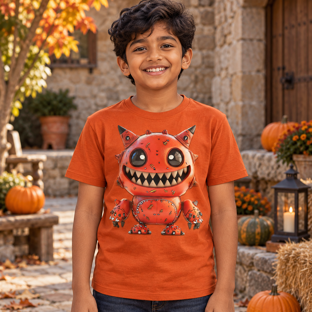 Lachender Junge trägt ein orangefarbenes Monster Shirt mit großem orange-rotem Monster-Gesicht, aufgenommen vor einer herbstlichen Haustür mit Kürbissen.