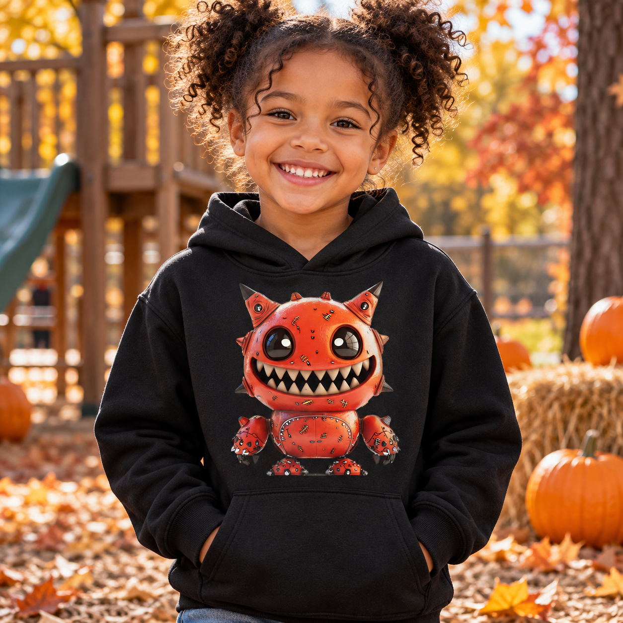 Grinsendes Kind trägt ein schwarzes Monster-Kinder-Hoodie mit orange-rotem Monster-Motiv im herbstlichen Außenbereich mit Kürbissen und Spielplatz im Hintergrund.