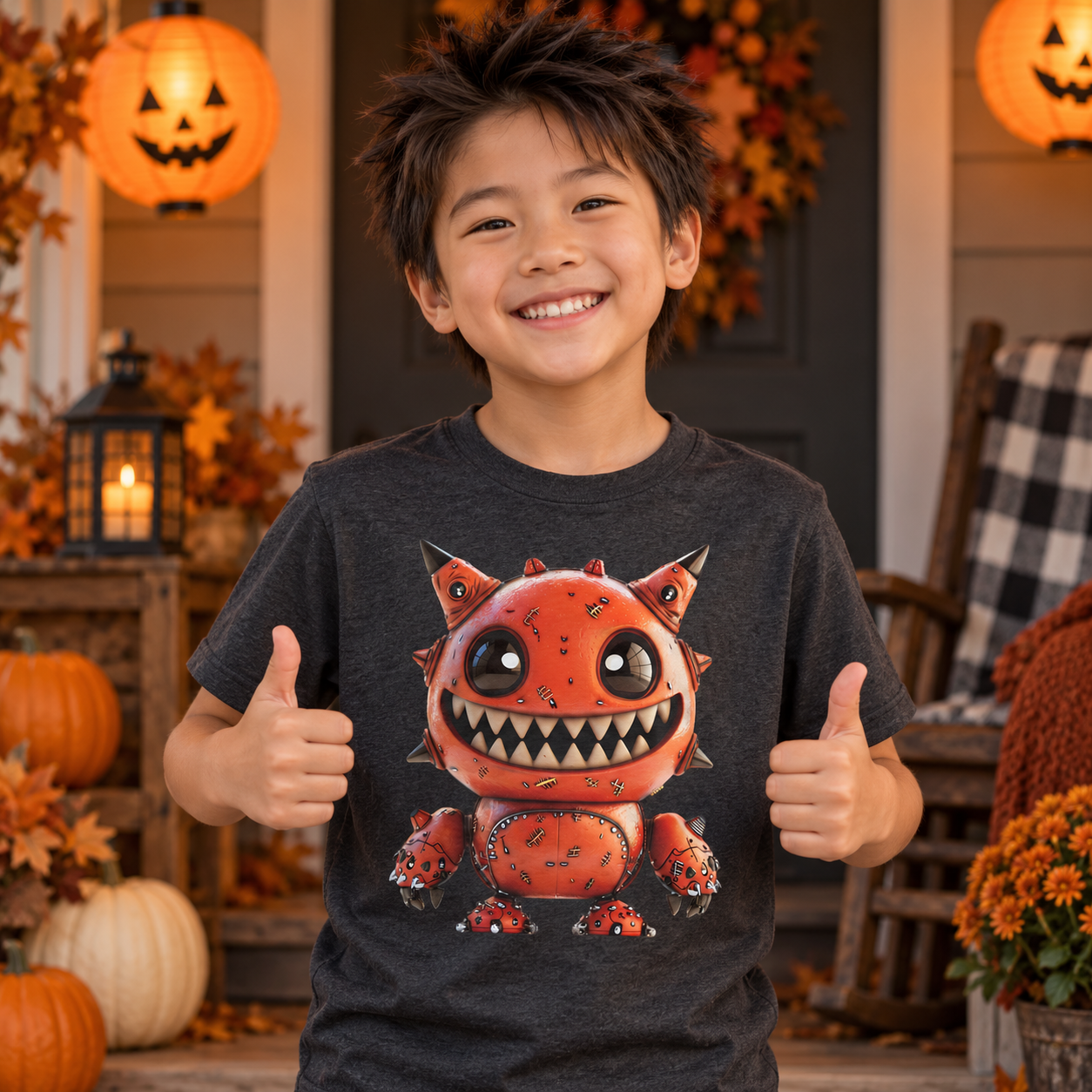 Junge im dunkelgrauen Monster T-Shirt mit orange-rotem Monster-Gesicht hält beide Daumen hoch, im Hintergrund hängen Halloween-Laternen und Herbstdeko.