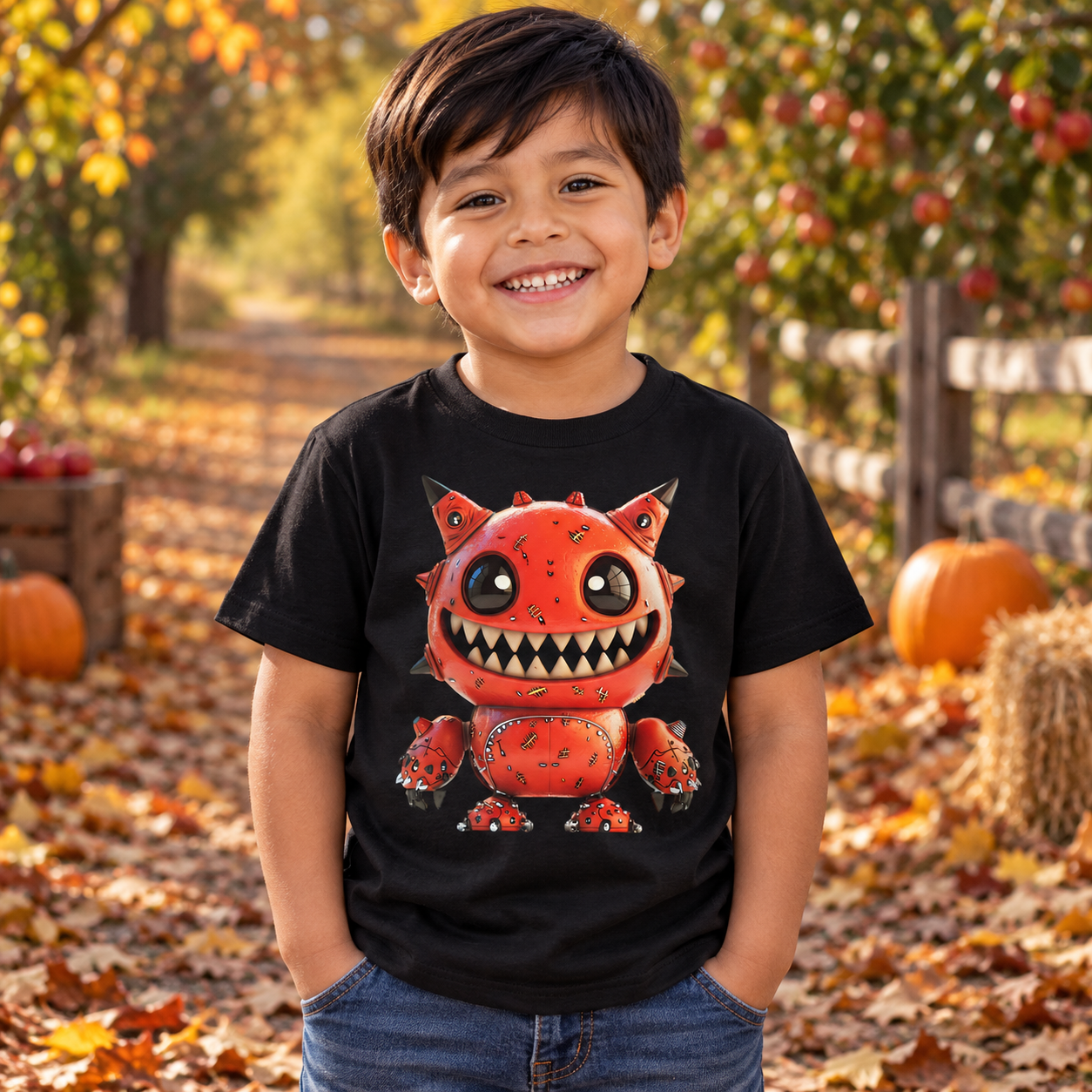 Lächelnder Junge trägt ein schwarzes Monster Shirt mit orange-rotem Monster-Motiv in einer herbstlichen Allee mit Kürbissen und Laub.