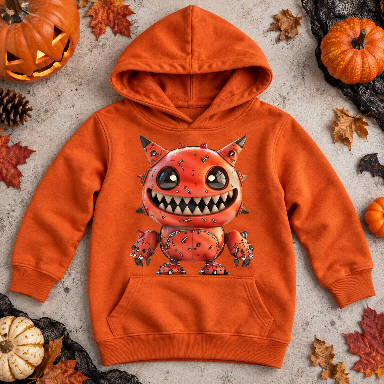 Orangefarbenes Kinder-Hoodie mit großem orange-rotem Monster-Motiv liegt flach zwischen Kürbissen, Blättern und Halloween-Deko.