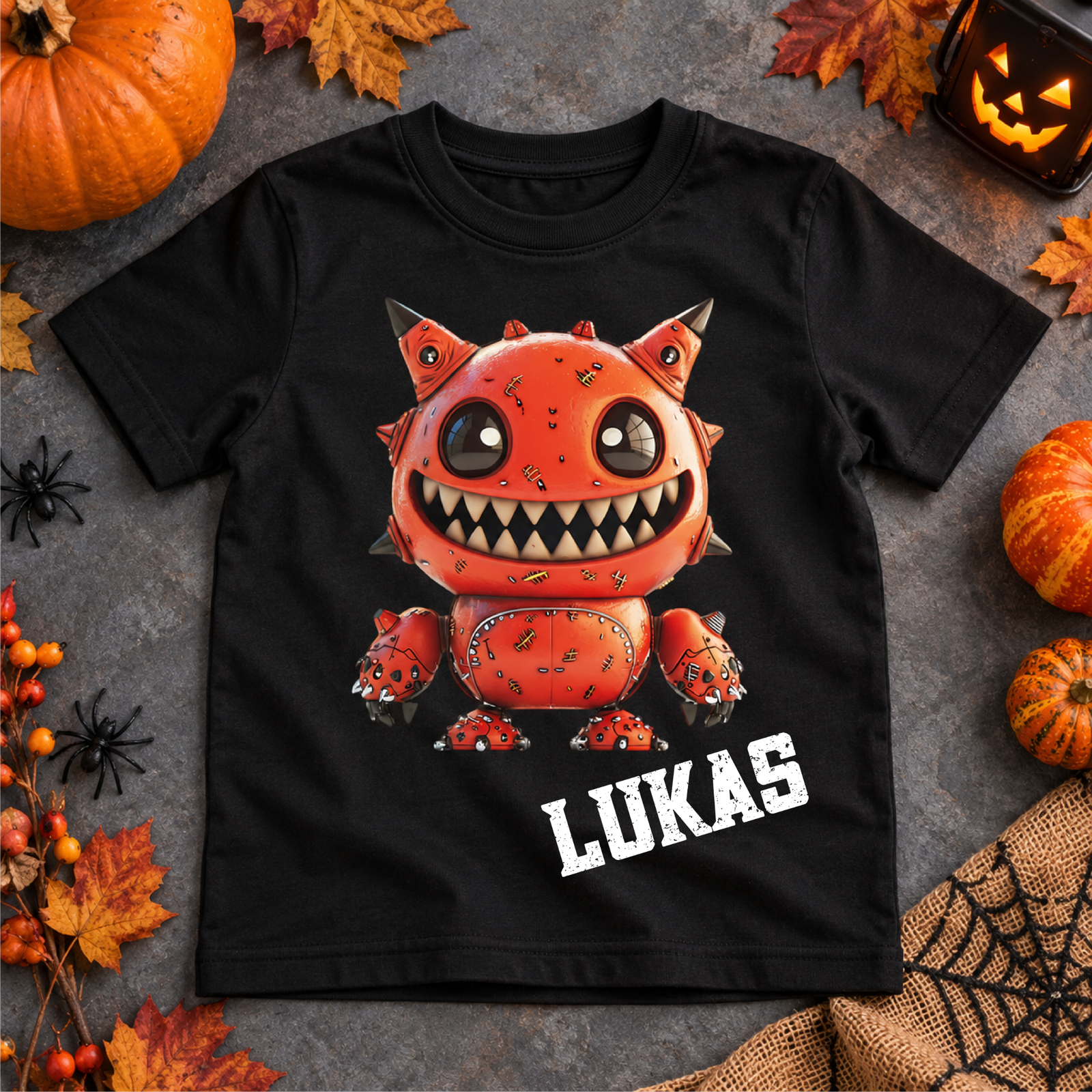 Schwarzes T-Shirt mit orange-rotem Monster-Gesicht und dem Namen LUKAS liegt flach auf herbstlichem Hintergrund mit Kürbissen und Spinnendeko.