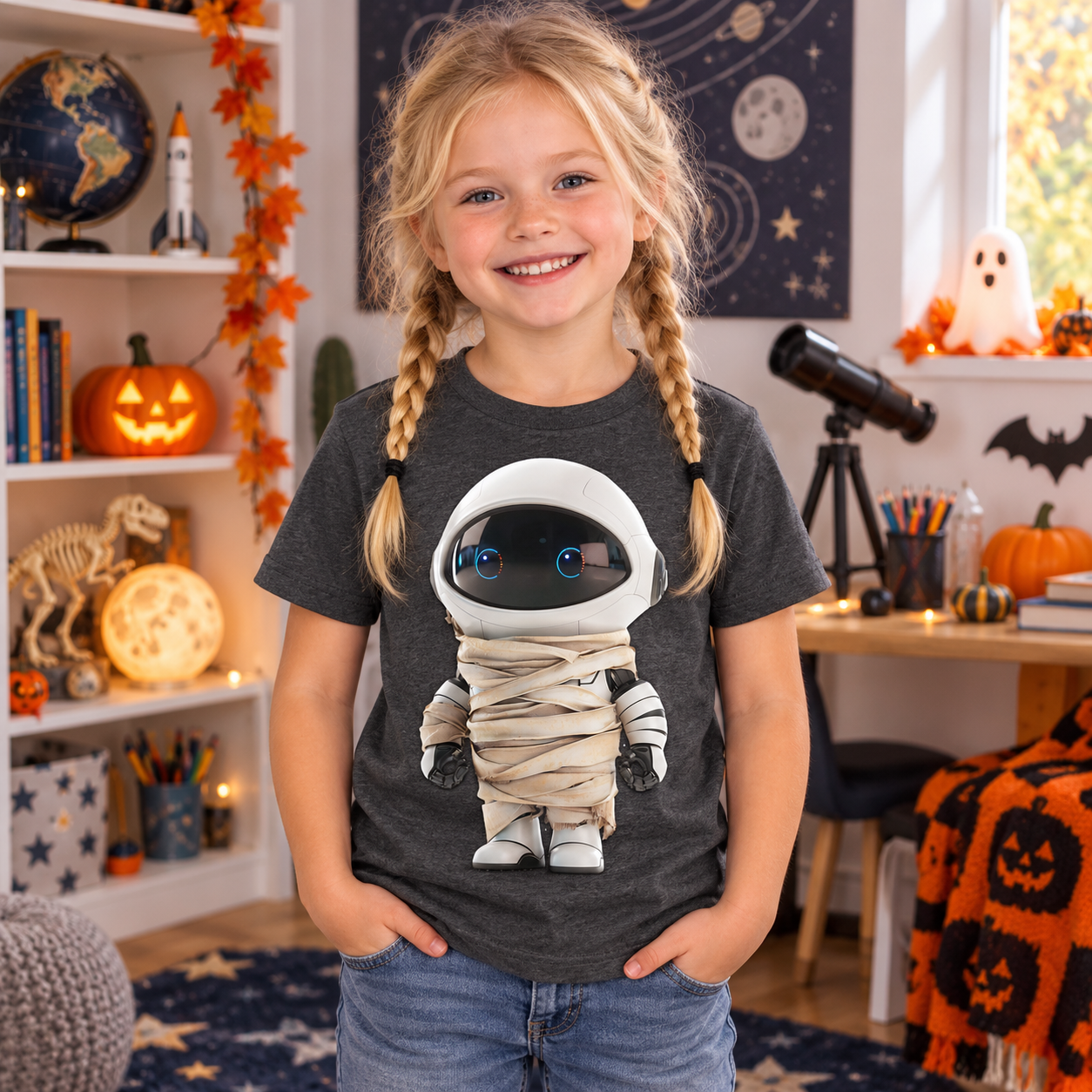 Mädchen in dunkelgrauem T-Shirt mit Mumien-Astronaut-Motiv in einem Halloween-Kinderzimmer, Blick von vorn, farblich passend zu Halloween-Deko.